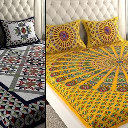LA VERNE Yellow & White Geometric 104 TC 2 Queen Bedsheet with 4 Pillow Covers-image-60