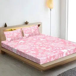 INDHOME LIFE Pink & White Floral 210 TC Cotton Fitted Queen Bedsheet with 2 Pillow Covers-picture-45