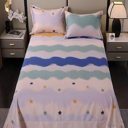 JC HOME Blue & Green Striped Cotton 220 TC King Bedsheet With 2 Pillow Covers-image-86