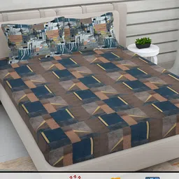 FABINALIV Brown & Blue Geometric 300 TC King Bedsheet with 2 Pillow Covers-image-47