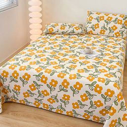 JC HOME Beige & Yellow Floral 186 TC Pure Cotton King Bedsheet With 2 Pillow Covers-picture-7