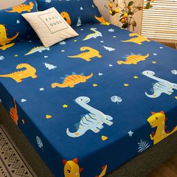 JC HOME Navy Blue & Yellow Printed 160 TC Fitted Queen Bedsheet & 2 Pillow Covers-image-11