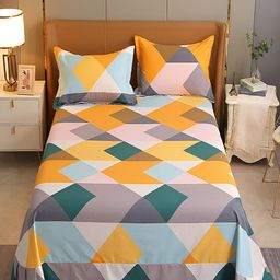 JC HOME Blue & Yellow Geometric Cotton 220 TC King Bedsheet with 2 Pillow Covers-image-81