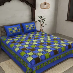 JAIPUR FABRIC Blue & Green Floral 144 TC Cotton King Bedsheet With 2 Pillow Covers-image-45