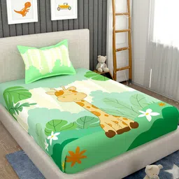 EverHOME Green & Beige Conversational 160 TC Flat Cotton Single Bedsheet & Pillow Cover-24