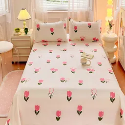 JC HOME White & Pink Floral 150 TC Single Bedsheet with 1 Pillow Covers-picture-26