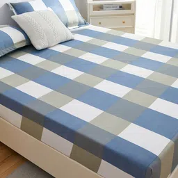 JC HOME Grey & Blue Geometric 160 TC Fitted Single Bedsheet & Pillow Cover-image-19