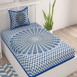 Aura Blue & White Ethnic Motifs Cotton 120 TC Single Bedsheet with 2 Pillow Covers-image-124