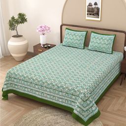 Varde All Seasons Green & White Printed Cotton 210 TC King Bedsheet with 2 Pillow Covers-image-49