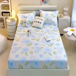 JC HOME Blue & Green Floral 230 TC Fitted Cotton Queen Bedsheet with 2 Pillow Covers-image-77