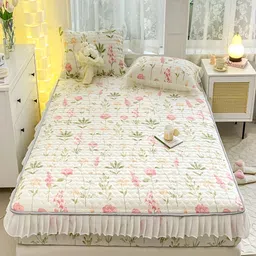 JC HOME Cream-Coloured & Pink Floral Printed 160 TC Fitted Queen Bedsheet Set-image-67