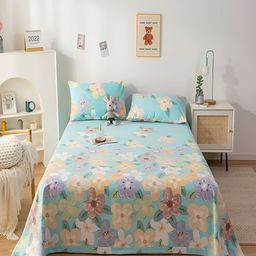 JC HOME Blue & Peach Floral 200 TC Cotton King Bedsheet with 2 Pillow Covers-image-30