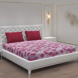 Moca By Monte Carlo Pink Floral Cotton 144 TC Queen Bedsheet With 2 Pillow Covers-image-74