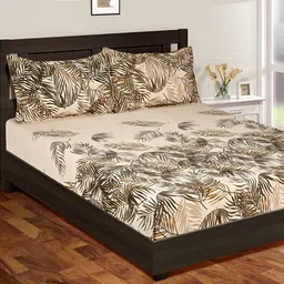 Aura Beige & Green Floral Cotton 144 TC King Bedsheet With 2 Pillow Covers-image-42