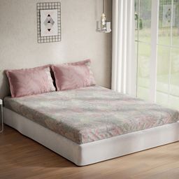 DDecor Grey & Pink Floral 140 TC Cotton Queen Bedsheet with 2 Pillow Covers-image-46