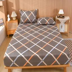 JC HOME Brown & Orange Geometric 150 TC Fitted Single Bedsheet with Pillow Covers-image-16