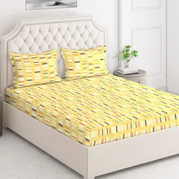 Layers Yellow & Brown Geometric 124 TC Flat Queen Bedsheet with 2 Pillow Covers-picture-40