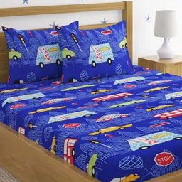 HOSTA HOMES Kids Blue & Red Printed 210 TC Queen Flat Bedsheet with 2 Pillow Covers-50
