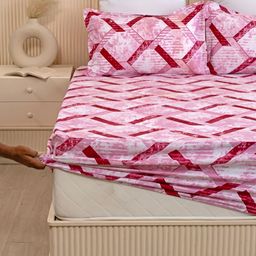 HOMEMONDE Pink & White Printed Cotton 210 TC Fitted Queen Bedsheet with 2 Pillow Covers-image-56