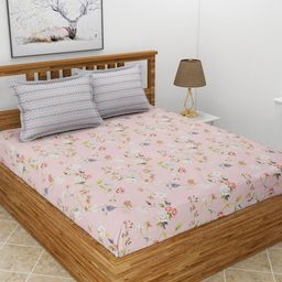 MORADO Pink & Green Floral Polycotton 210 TC King Bedsheet With 2 Pillow Covers-image-7