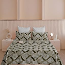 HOMEMONDE Green Geometric Cotton 210 TC King Bedsheet With 2 Pillow Covers-image-59