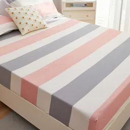 JC HOME White & Pink Striped 160 TC Fitted King Bedsheet & 2 Pillow Covers-image-67
