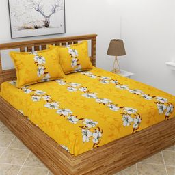 BREVARD Mustard & White Floral 210 TC Fitted Queen Bedsheet with 2 Pillow Covers-image-12