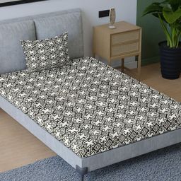 Aura Grey & Off White Ethnic Motifs Pure Cotton 200 TC Single Bedsheet with 1 Pillow Cover-picture-6