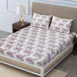 LINENWALAS Happy Sleeping Brown & White Boho Mink Floral 300 TC Super King Bedsheet with 2 Pillow Covers-1