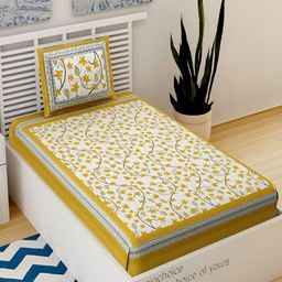 Aura Yellow & White Floral Cotton 120 TC Single Bedsheet with 2 Pillow Covers-image-78