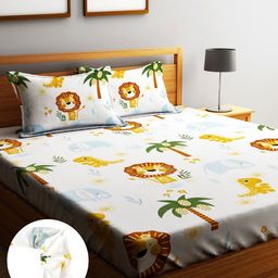 Home Sizzler Orange Cartoon Characters Fitted 144 TC King Bedsheet With 2 Pillow Covers-image-77