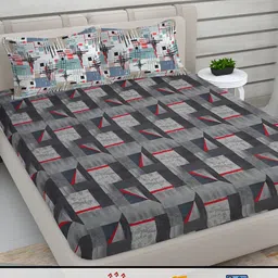 FABINALIV Grey & Black Geometric 300 TC King Bedsheet with 2 Pillow Covers-89