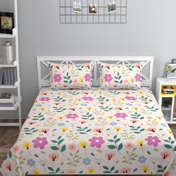 FINE TEX WORLD Pink & Yellow Floral Flat 210 TC King Bedsheet with 2 Pillow Covers-26