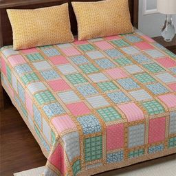 LIVING ROOTS Grey & Blue Geometric 210 TC King Bedsheet with 2 Pillow Covers-picture-32