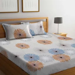 FABINALIV Grey & Beige Floral 300 TC Fitted King Bedsheet With 2 Pillow Covers-image-47