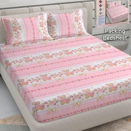 FABINALIV Pink & White Cartoon Characters 300 TC King Bedsheet with 2 Pillow Covers-11