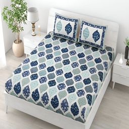 Runjhun Blue & Green Ethnic Motifs 144 TC Cotton Queen Bedsheet Set-image-17
