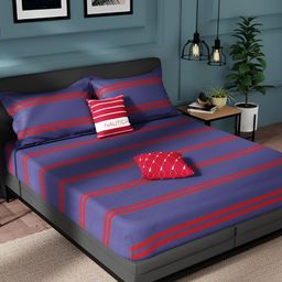 Nautica Red & Blue Geometric Pure Cotton 150 TC King Bedsheet With 2 Pillow Covers-image-7