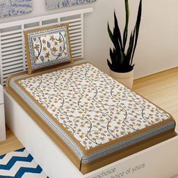 Aura Brown & White Floral Cotton 120 TC Single Bedsheet with 2 Pillow Covers-image-51