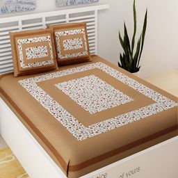 UNIQCHOICE Brown & White Floral Printed Cotton 120 TC Queen Bedsheet With 2 Pillow Covers-picture-8