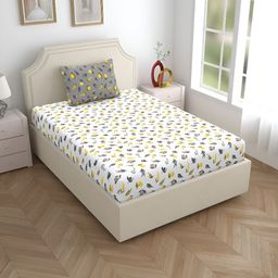 Home Ecstasy Yellow & White Floral 140 TC Cotton Single Bedsheet with 1 Pillow Covers-image-99