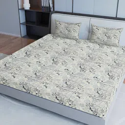 Aura Beige & Blue Ethnic Motifs Pure Cotton 200 TC Queen Bedsheet with 2 Pillow Covers-picture-36
