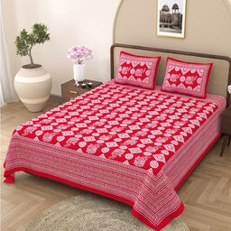 Varde Red & White Geometric Cotton 210 TC King Bedsheet With 2 Pillow Covers-image-39