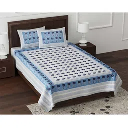 JAIPUR FABRIC Blue & White Cotton Ethnic Motifs 180 TC Bedsheet with 2 Pillow Covers-image-41