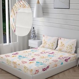 RIDHAAN White & Blue Floral 220 TC Cotton Queen Fitted Bedsheet With 2 Pillow Covers-image-52