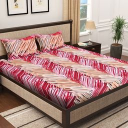 KLOTTHE Red & Pink Printed 300TC Super king Double Fitted Bedsheet & 2 Pillow Covers-image-41