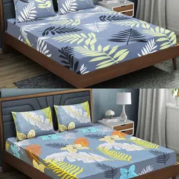 Aura Grey & Blue Floral 144 TC 2 Queen Bedsheet with 4 Pillow Covers-image-41