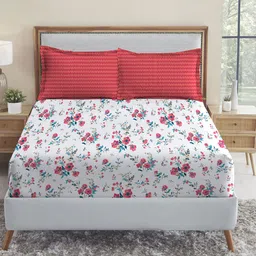 MYTRIDENT White  Red Floral 144 TC Queen Bedsheet with 2 Pillow Covers-image-61