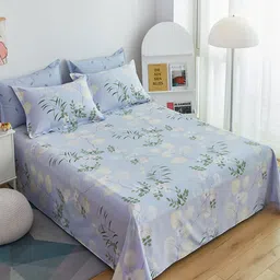 JC HOME Blue & White Floral 186 TC Cotton Single Bedsheet with 2 Pillow Covers-image-20
