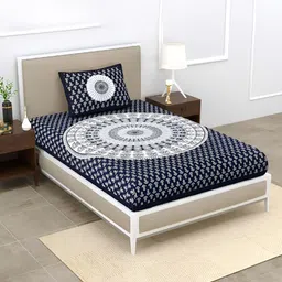 POORAK Blue & White Ethnic Motifs Cotton 104 TC Single Bedsheet with 1 Pillow Covers-image-74